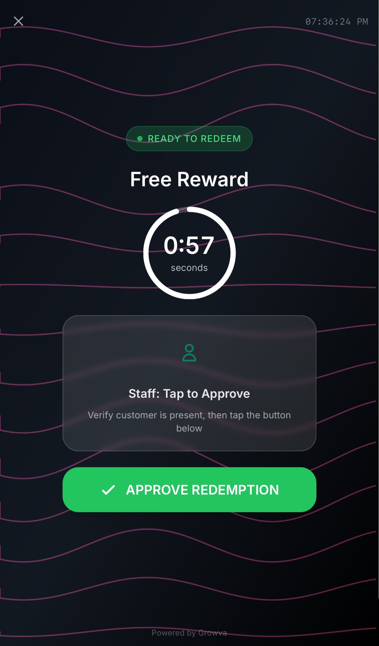 Reward redemption screen with staff approval tap